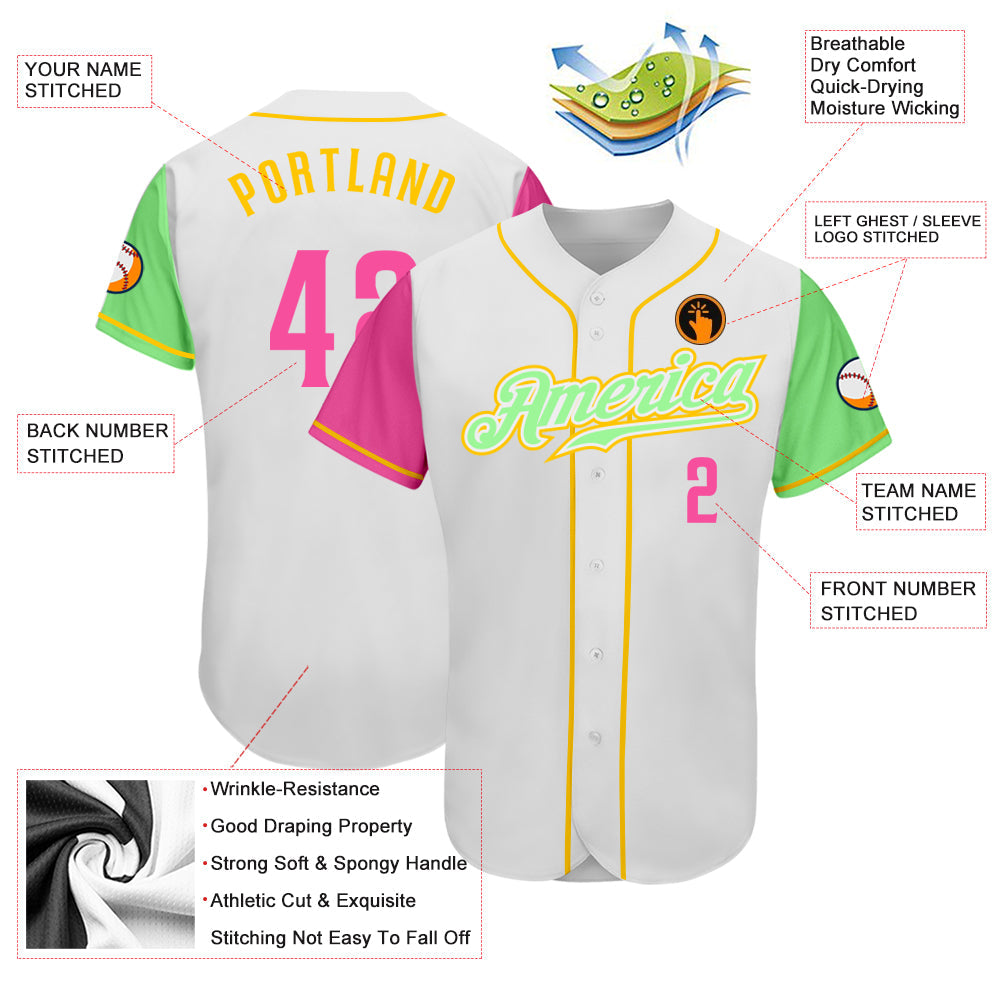 Custom White Pink Pea Green-Gold Authentic Two Tone Baseball Jersey view 3
