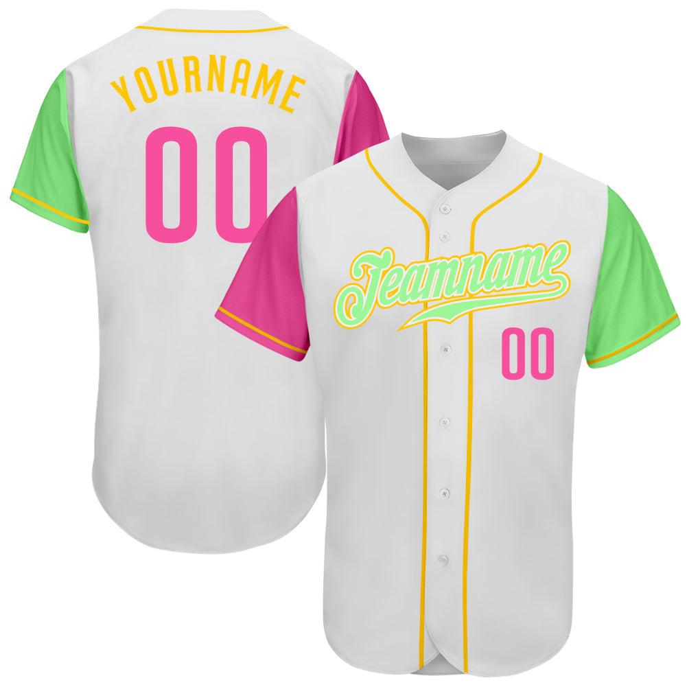 Custom White Pink Pea Green-Gold Authentic Two Tone Baseball Jersey - Main View