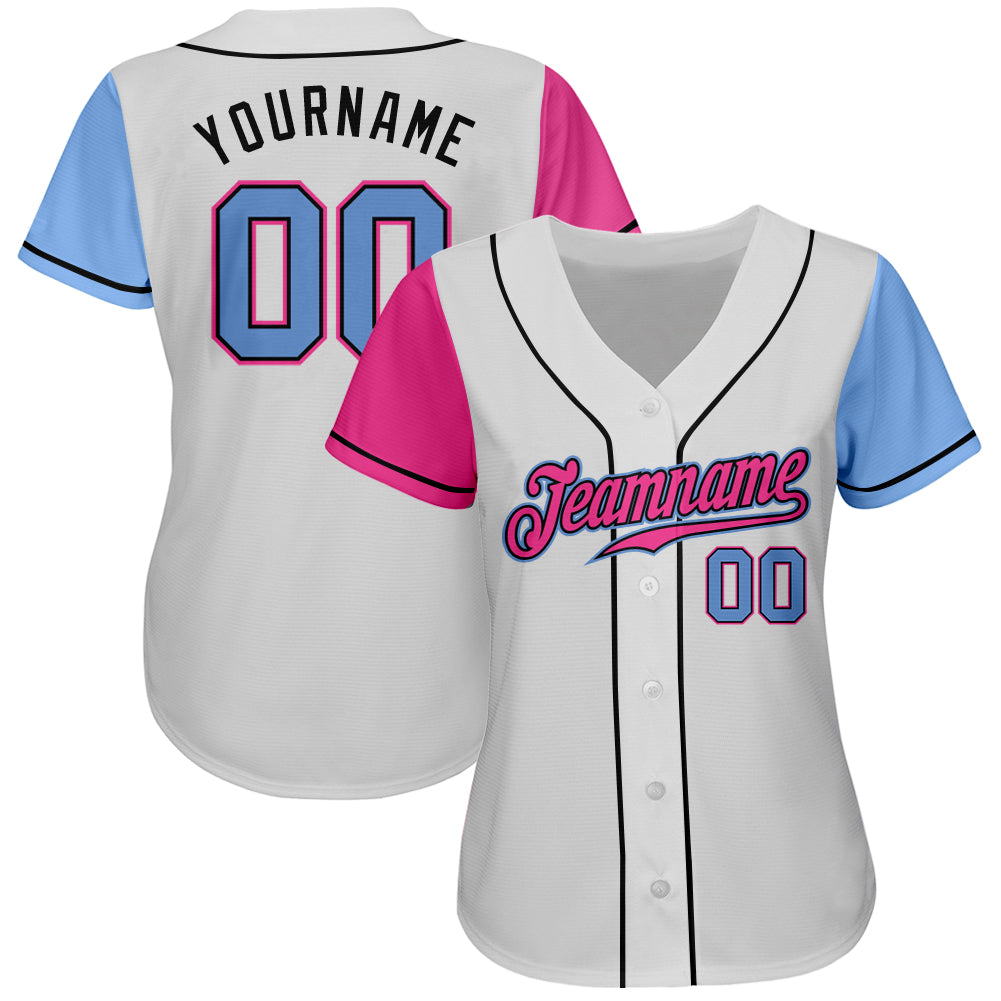 Custom White Light Blue Pink-Black Authentic Two Tone Baseball Jersey view 2