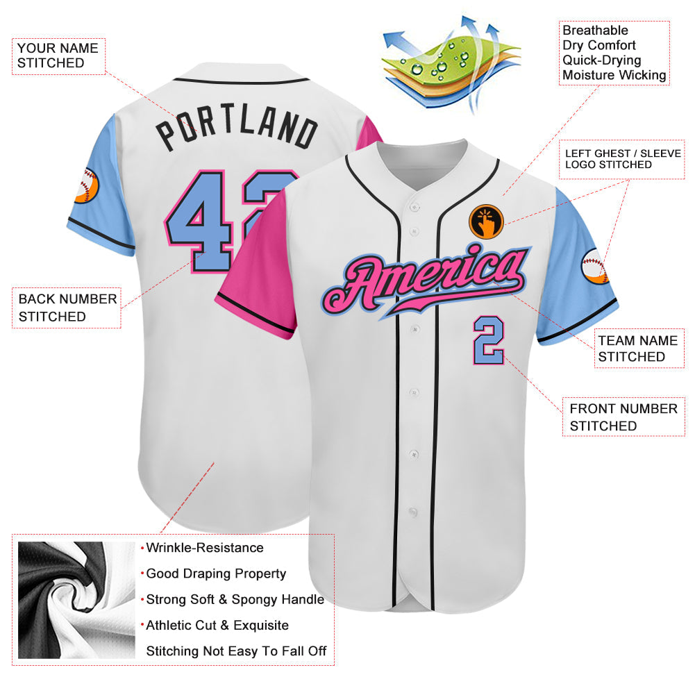 Custom White Light Blue Pink-Black Authentic Two Tone Baseball Jersey view 3
