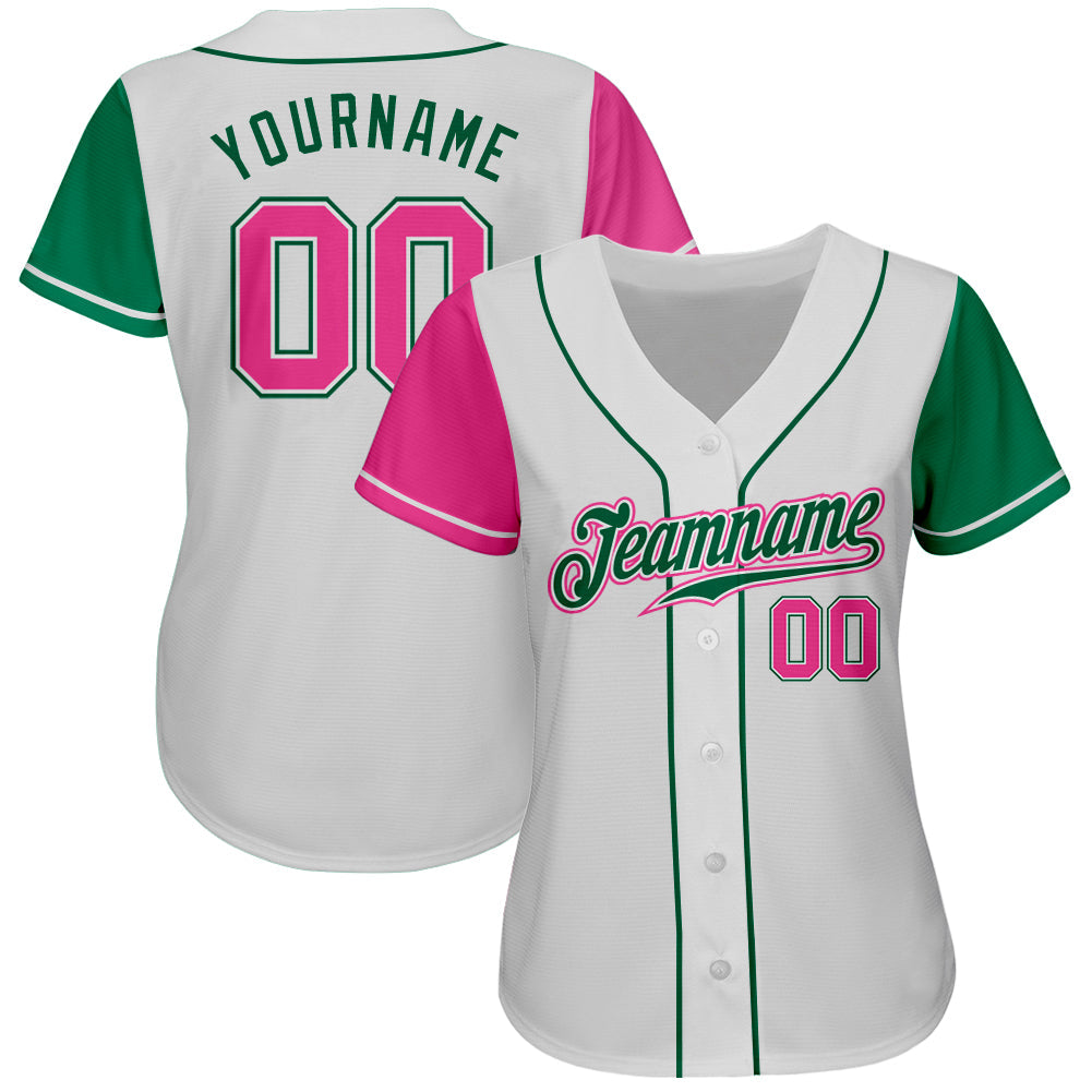 Custom White Pink-Kelly Green Authentic Two Tone Baseball Jersey view 2