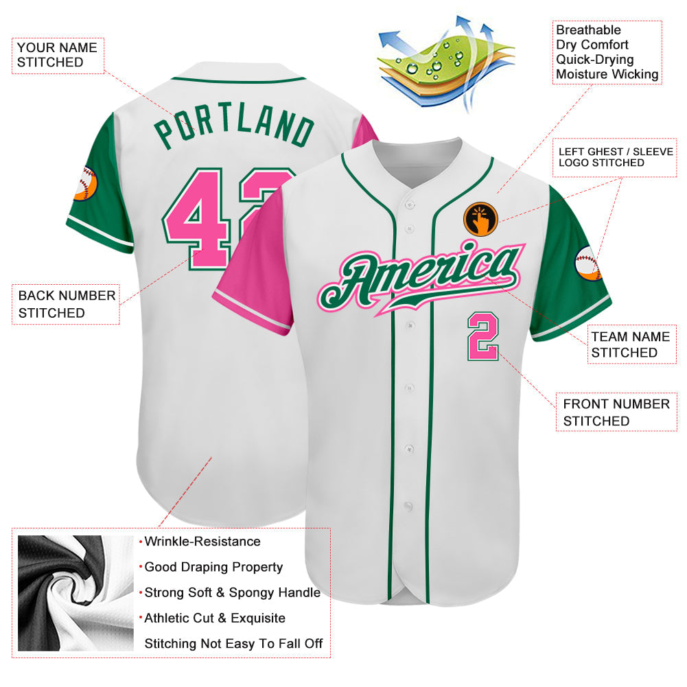 Custom White Pink-Kelly Green Authentic Two Tone Baseball Jersey view 3