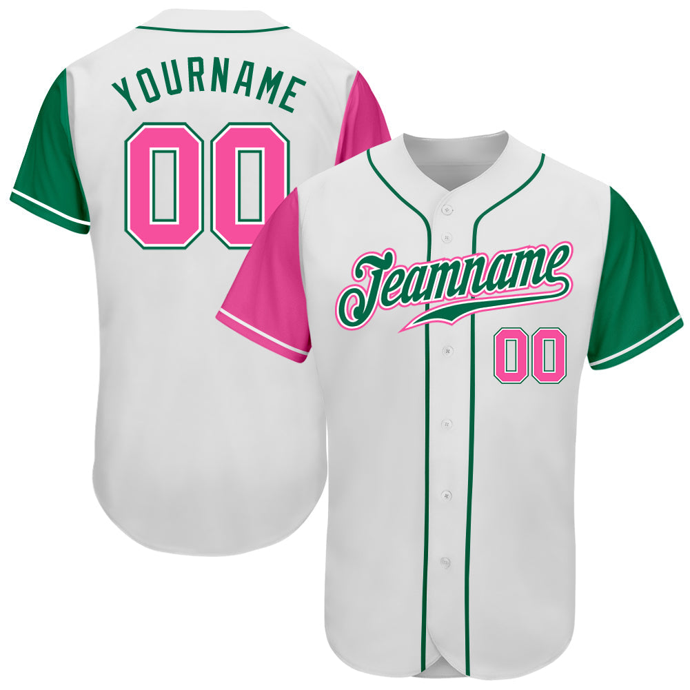 Custom White Pink-Kelly Green Authentic Two Tone Baseball Jersey - Main View