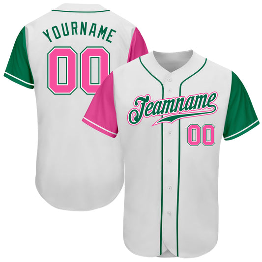 Custom White Pink-Kelly Green Authentic Two Tone Baseball Jersey - Main View
