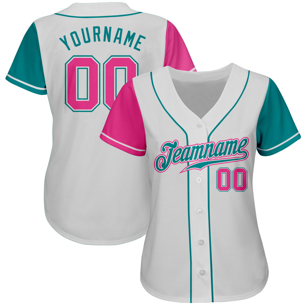 Custom White Pink-Teal Authentic Two Tone Baseball Jersey view 2
