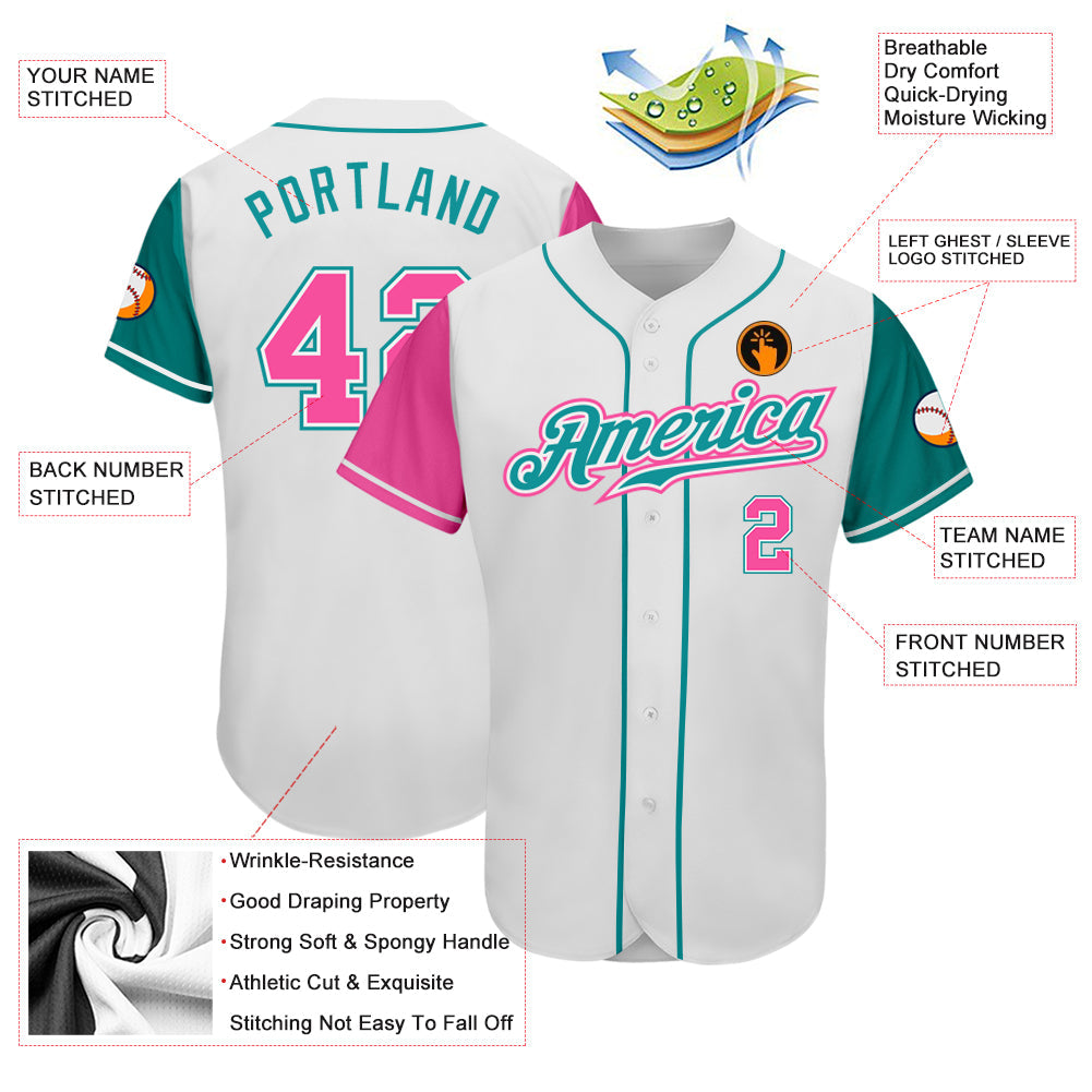 Custom White Pink-Teal Authentic Two Tone Baseball Jersey view 3