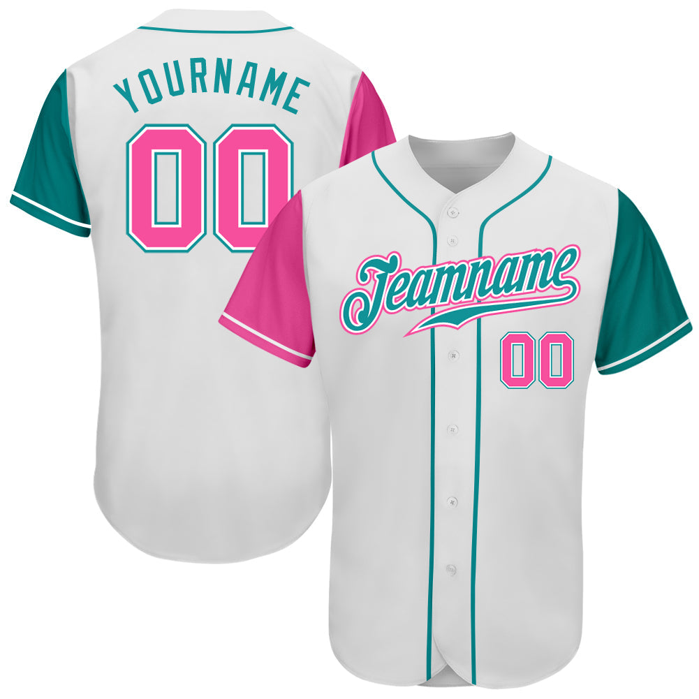Custom White Pink-Teal Authentic Two Tone Baseball Jersey - Main View