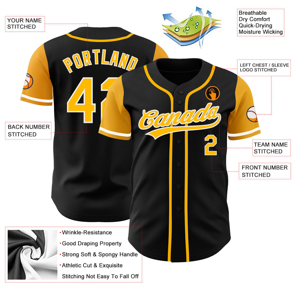 Custom Black Gold-White Authentic Two Tone Baseball Jersey view 3