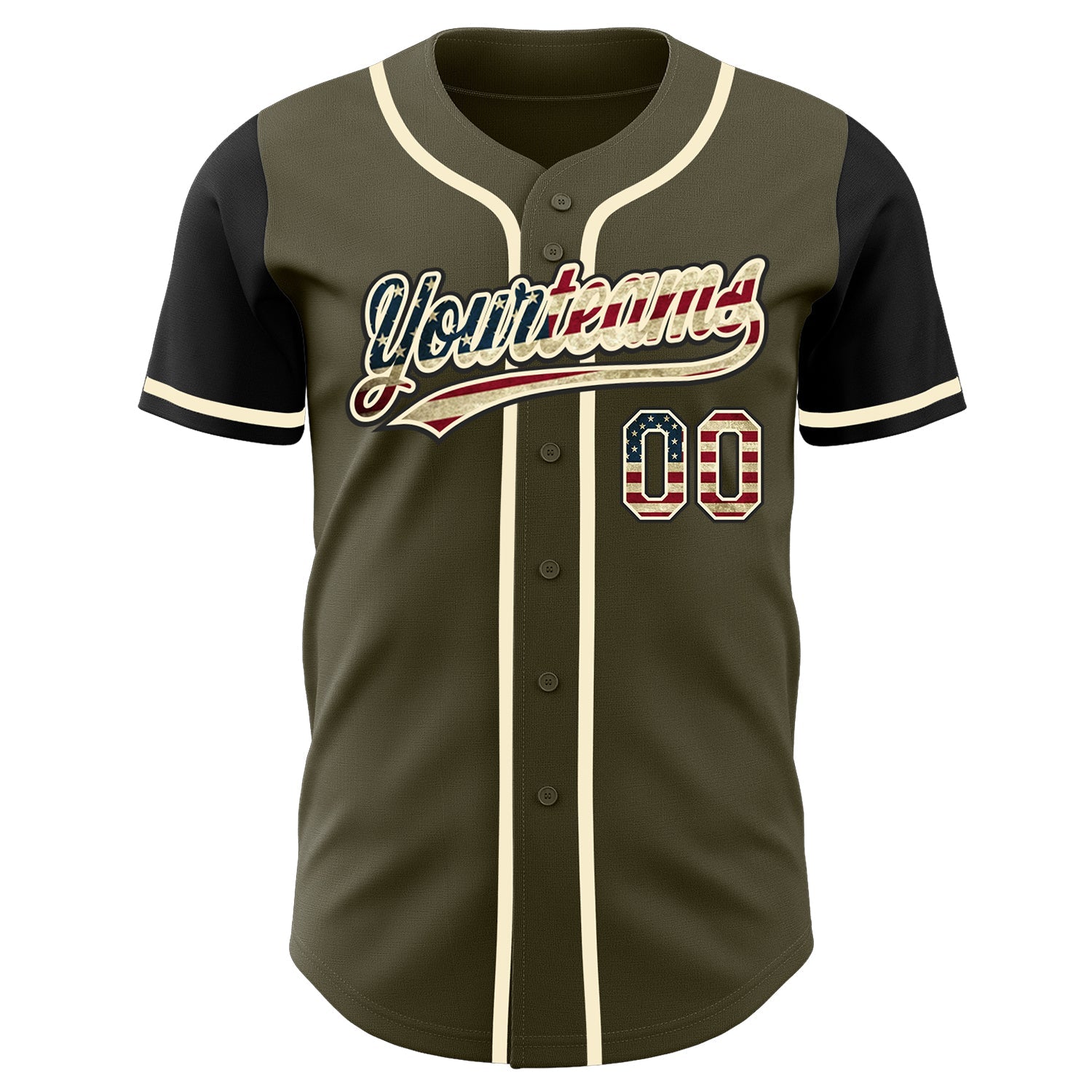 Custom Olive Vintage USA Flag Black-Cream Authentic Salute To Service Two Tone Baseball Jersey view 2