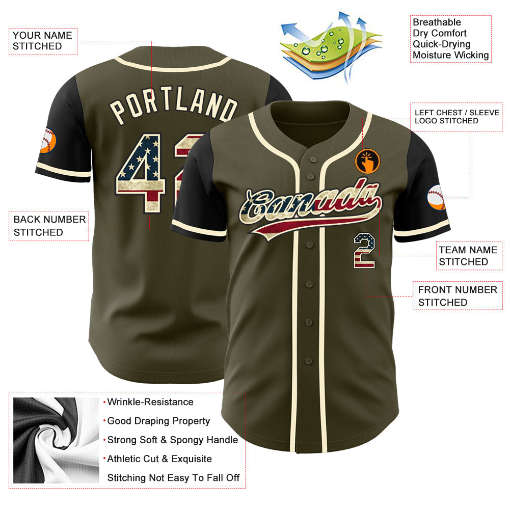 Custom Olive Vintage USA Flag Black-Cream Authentic Salute To Service Two Tone Baseball Jersey view 3