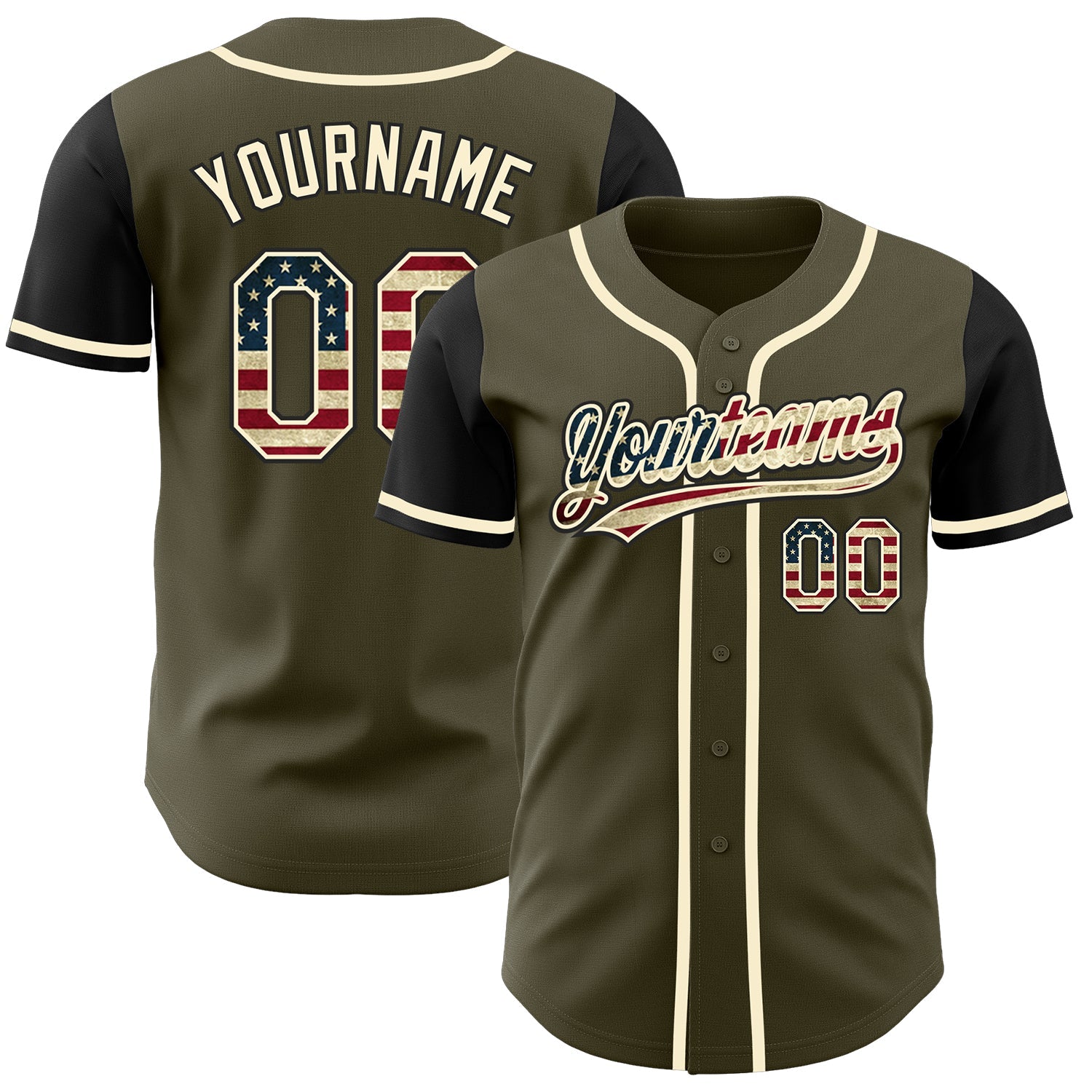 Custom Olive Vintage USA Flag Black-Cream Authentic Salute To Service Two Tone Baseball Jersey - Main View