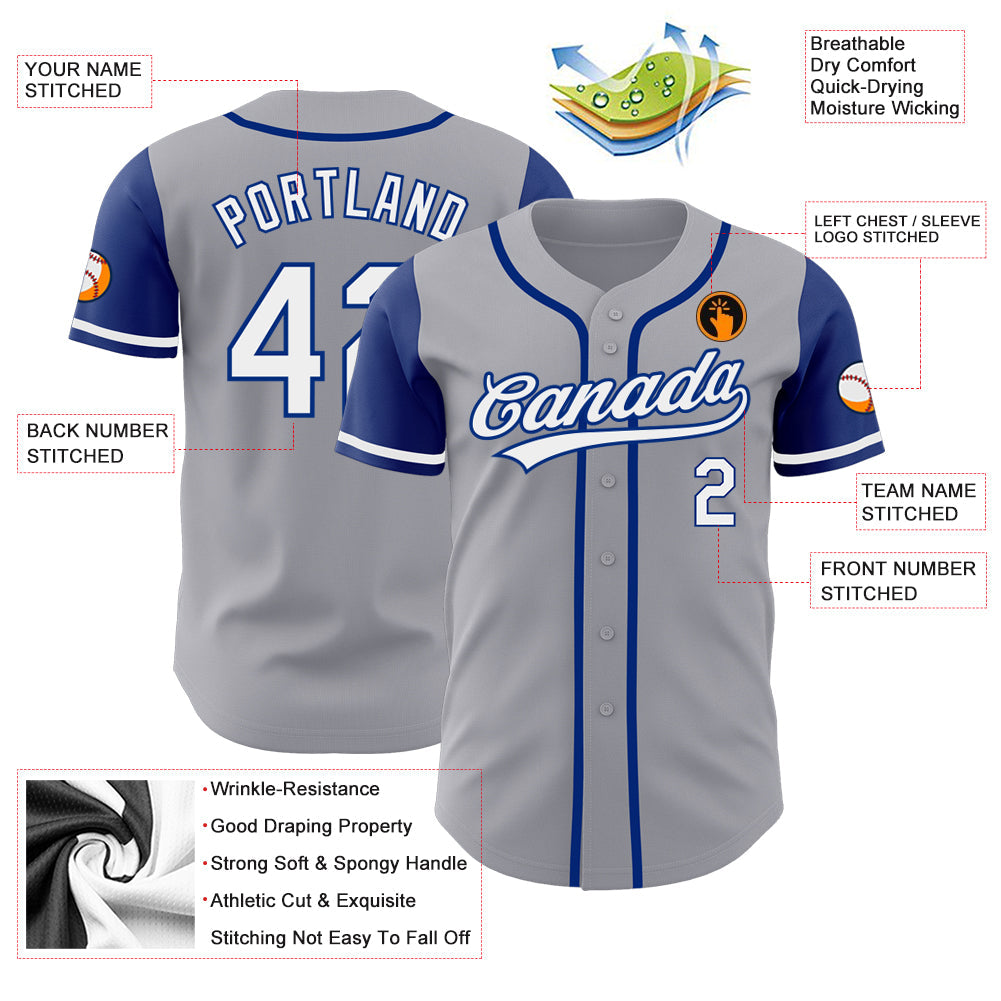 Custom Gray White-Royal Authentic Two Tone Baseball Jersey view 3