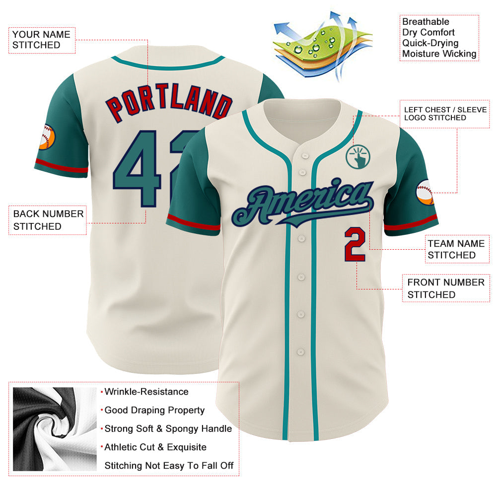 Custom Cream Teal Navy-Red Authentic Two Tone Baseball Jersey view 3