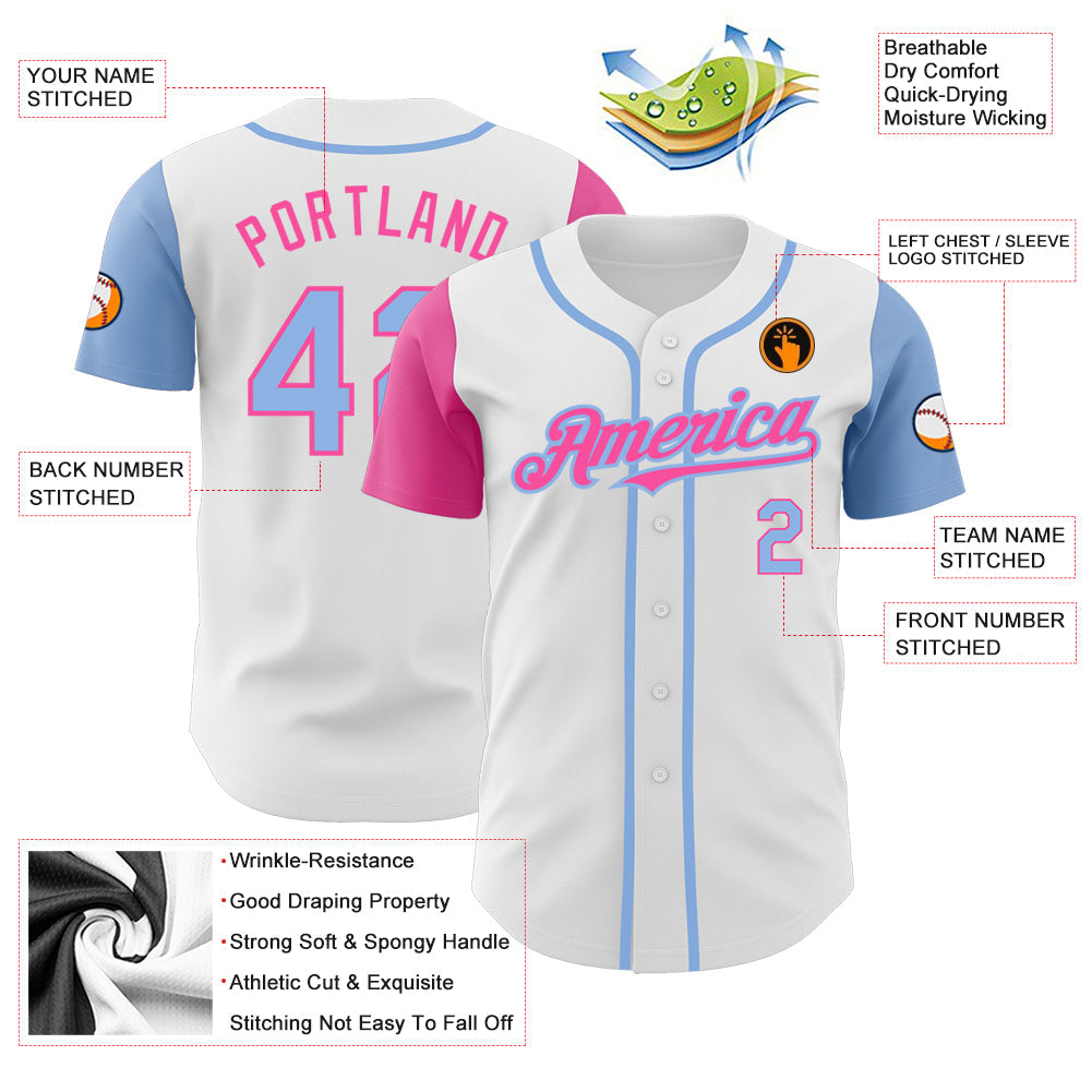 Custom White Light Blue-Pink Authentic Two Tone Baseball Jersey view 3