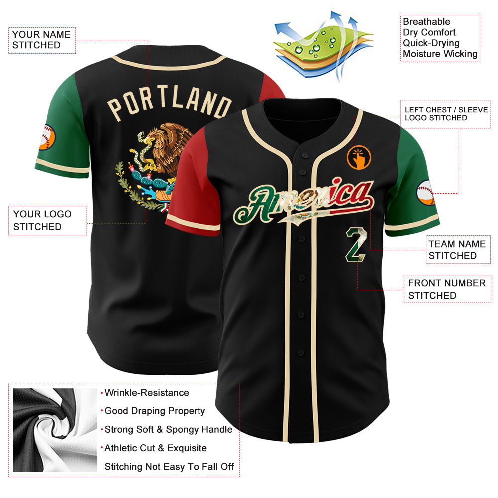 Custom Black Vintage Mexican Flag Kelly Green Red-City Cream Authentic Two Tone Baseball Jersey view 4