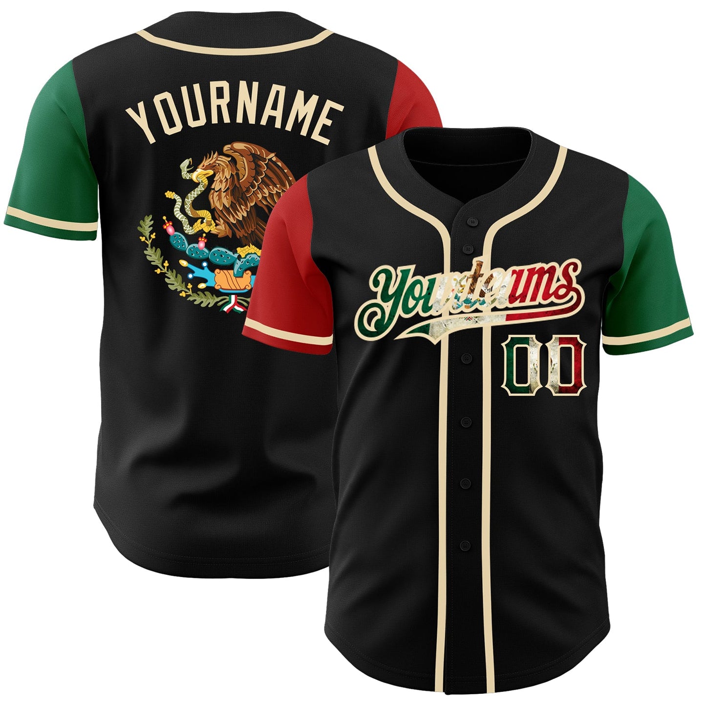 Custom Black Vintage Mexican Flag Kelly Green Red-City Cream Authentic Two Tone Baseball Jersey - Main View