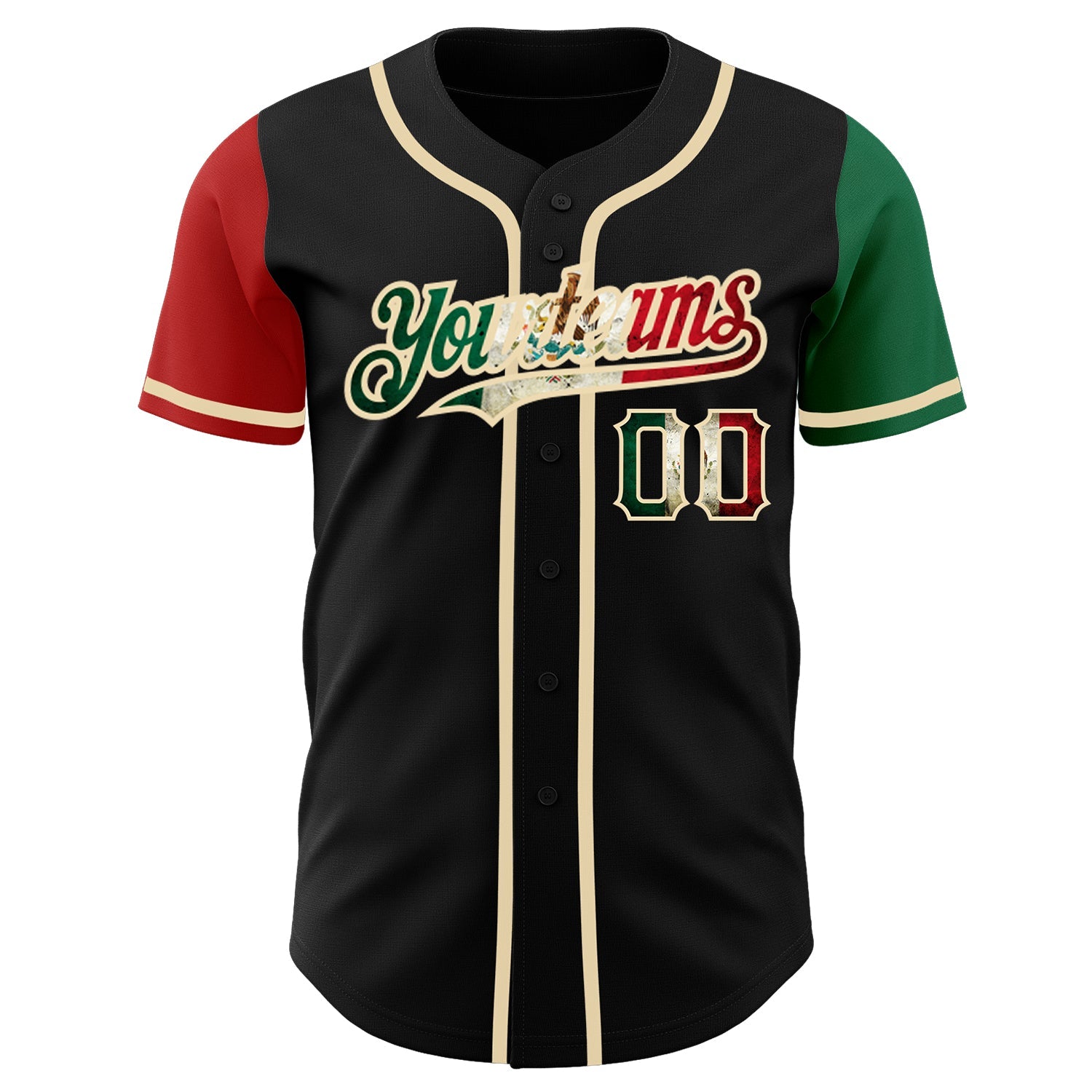 Custom Black Vintage Mexican Flag Kelly Green Red-City Cream Authentic Two Tone Baseball Jersey view 2