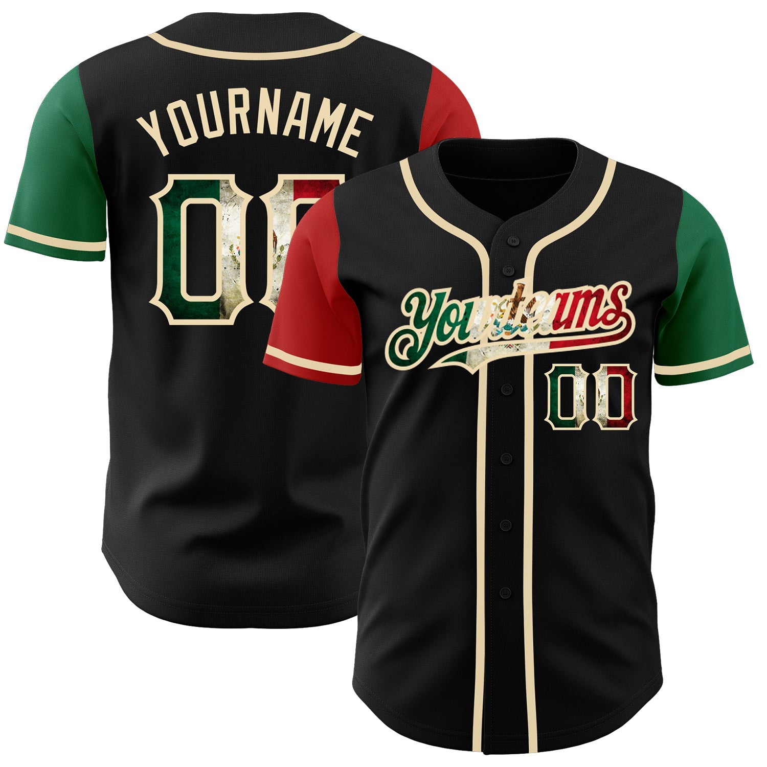 Custom Black Vintage Mexican Flag Kelly Green Red-City Cream Authentic Two Tone Baseball Jersey - Main View