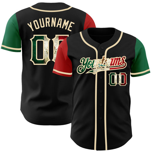 Custom Black Vintage Mexican Flag Kelly Green Red-City Cream Authentic Two Tone Baseball Jersey - Main View