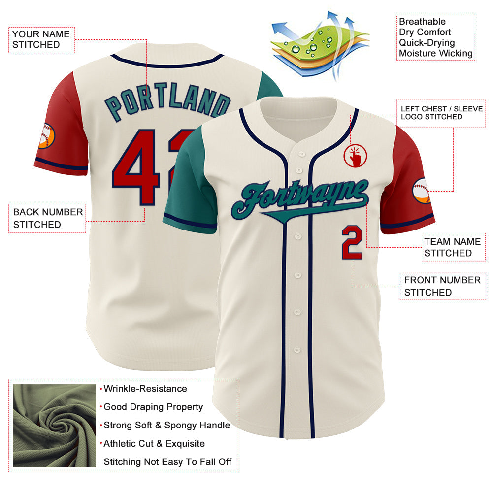 Custom Cream Red Teal-Navy Authentic Two Tone Baseball Jersey view 3
