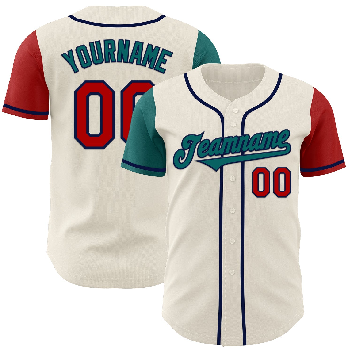 Custom Cream Red Teal-Navy Authentic Two Tone Baseball Jersey - Main View