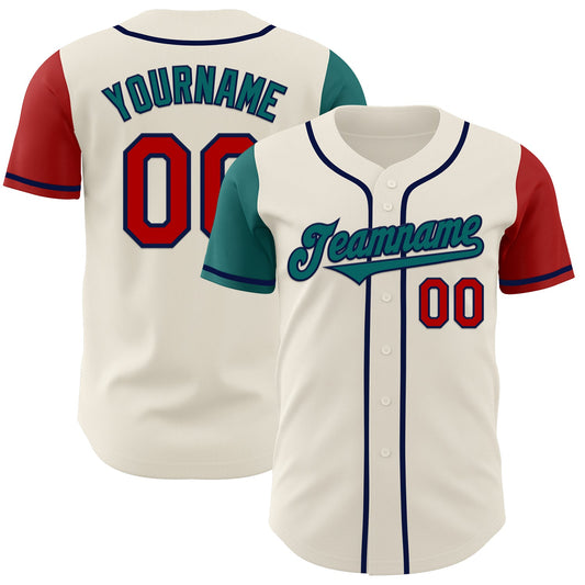 Custom Cream Red Teal-Navy Authentic Two Tone Baseball Jersey - Main View