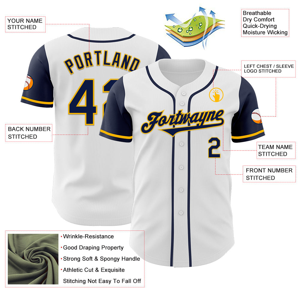 Custom White Navy-Gold Authentic Two Tone Baseball Jersey view 3