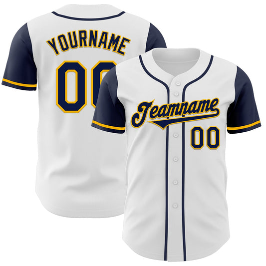 Custom White Navy-Gold Authentic Two Tone Baseball Jersey - Main View