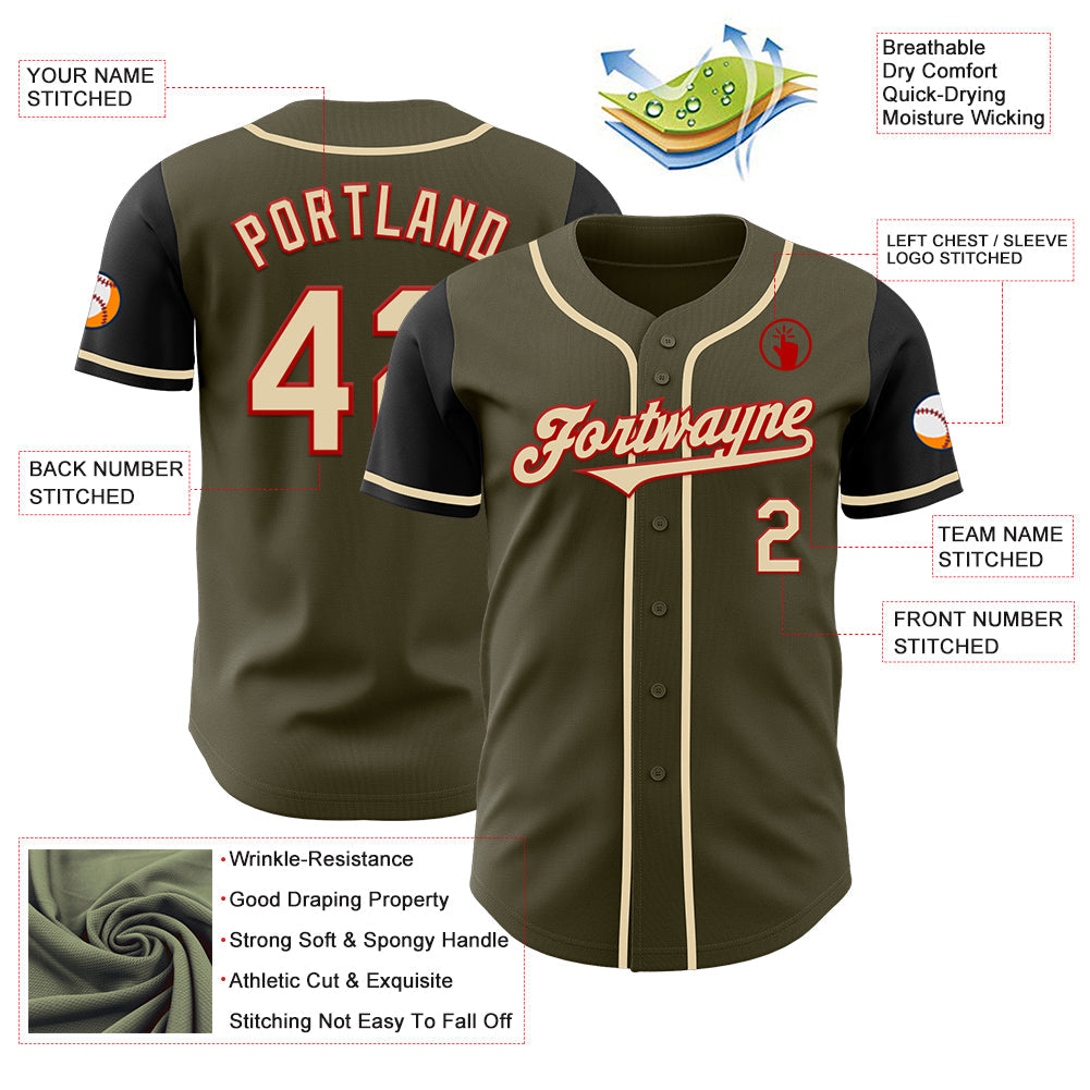 Custom Olive Cream Red-Black Authentic Salute To Service Two Tone Baseball Jersey view 3