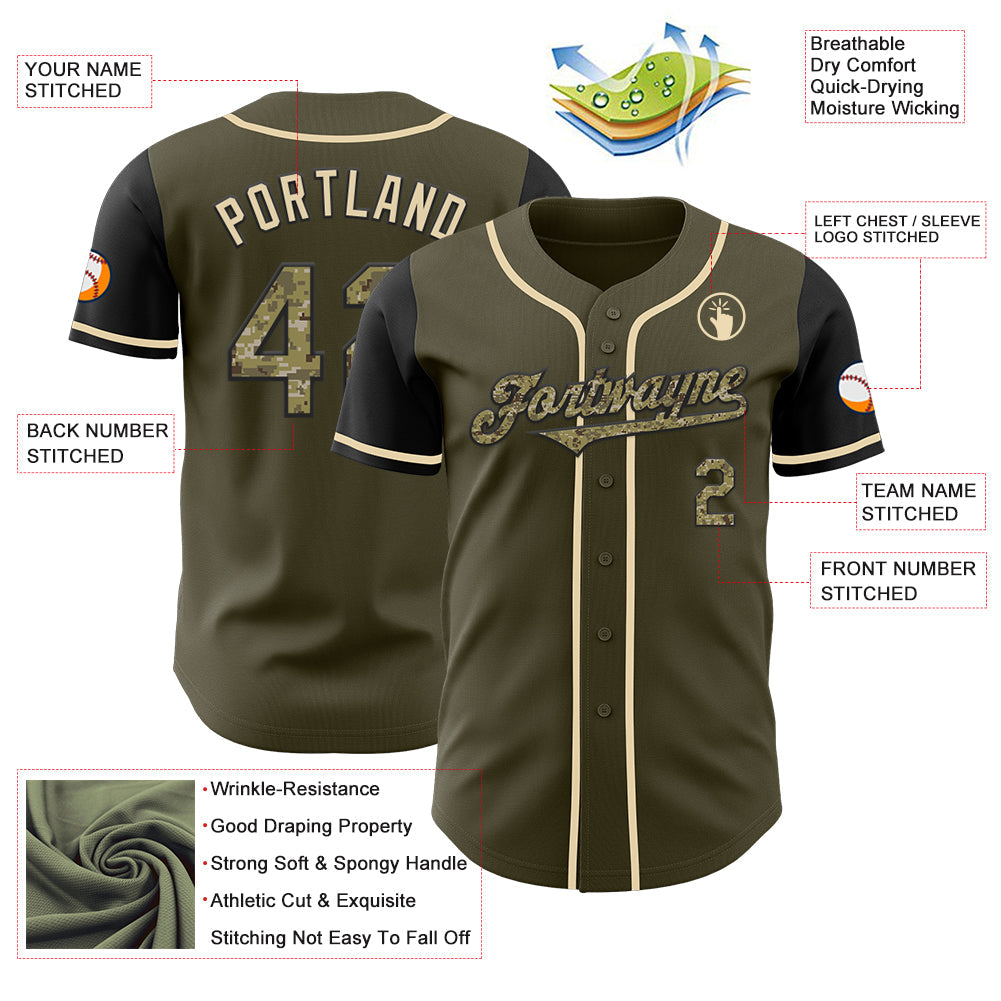 Custom Olive Camo Black-Cream Authentic Salute To Service Two Tone Baseball Jersey view 3