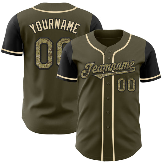 Custom Olive Camo Black-Cream Authentic Salute To Service Two Tone Baseball Jersey - Main View