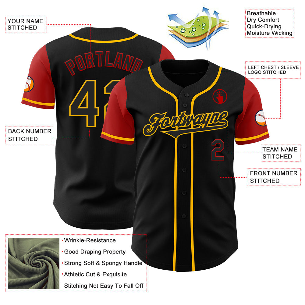 Custom Black Gold-Red Authentic Two Tone Baseball Jersey view 3