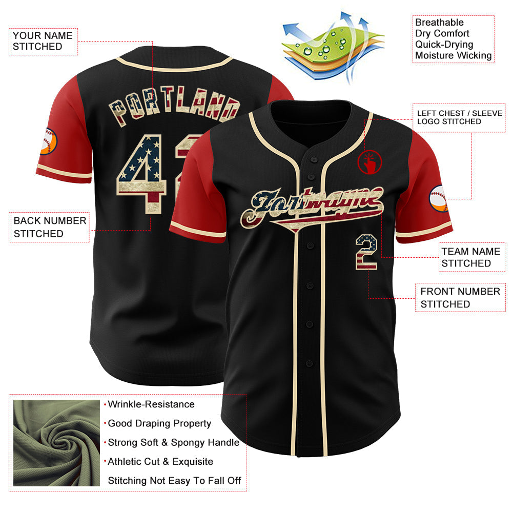 Custom Black Vintage USA Flag Cream-Red Authentic Two Tone Baseball Jersey view 3