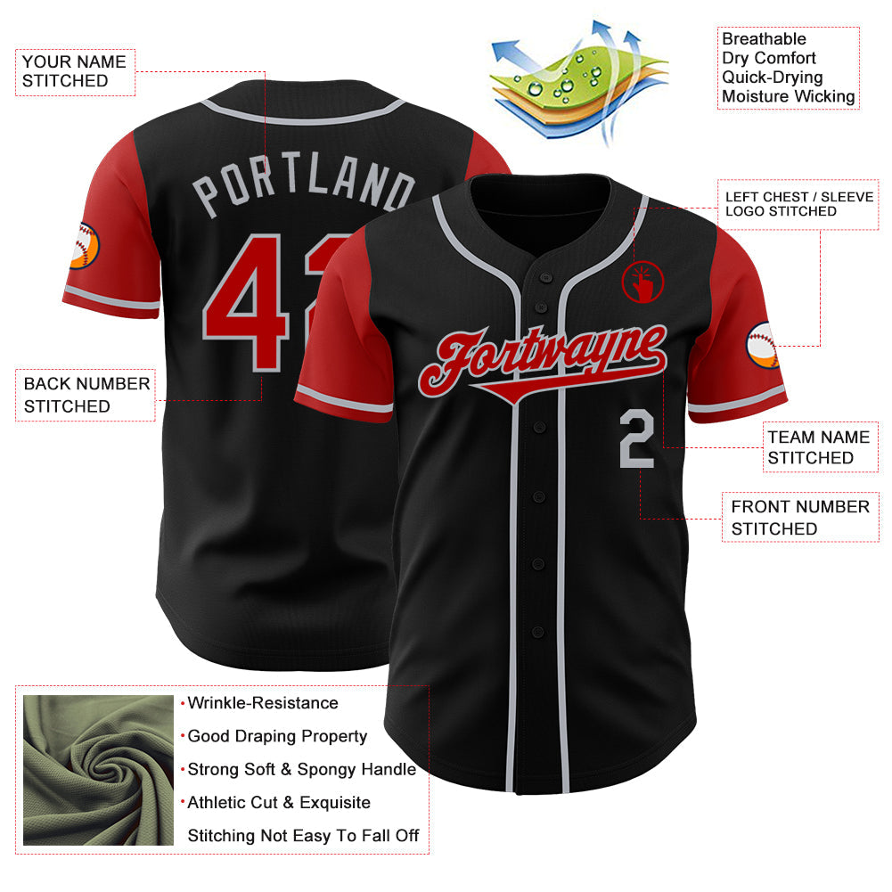 Custom Black Red-Gray Authentic Two Tone Baseball Jersey view 3