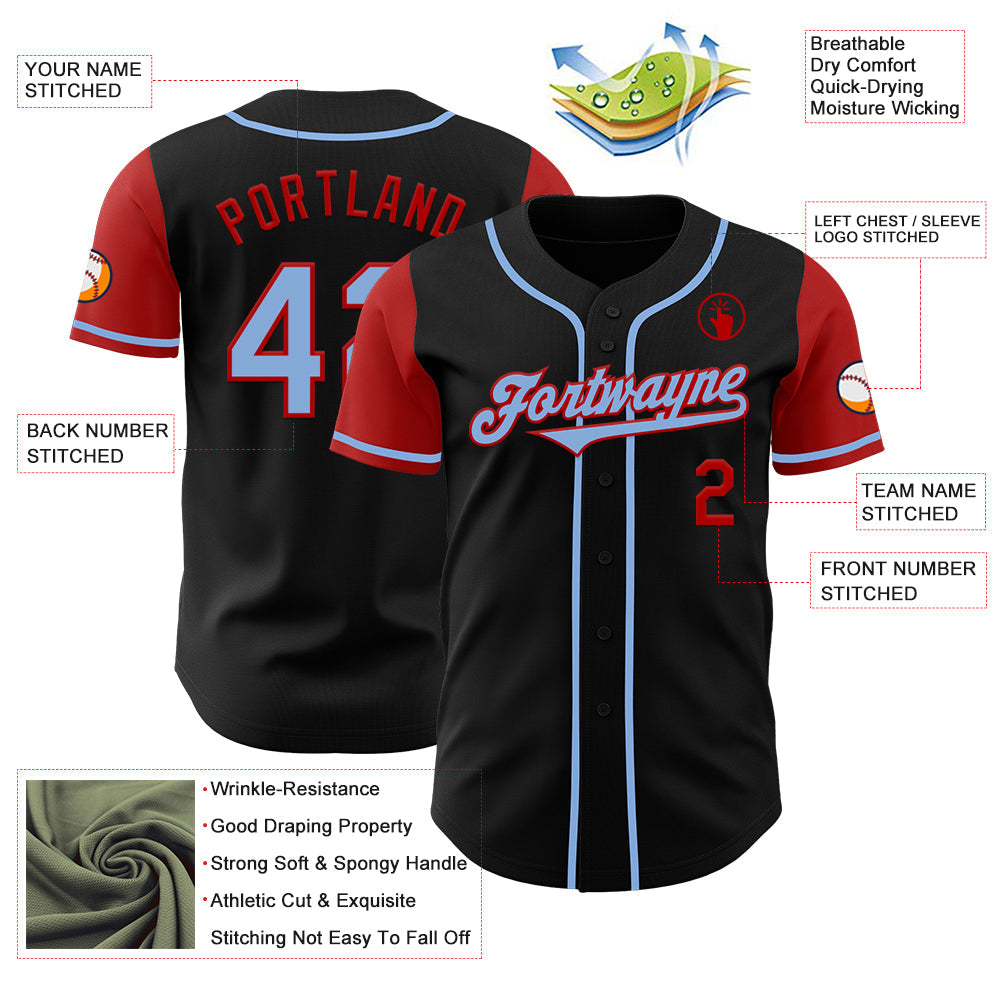 Custom Black Light Blue-Red Authentic Two Tone Baseball Jersey view 3