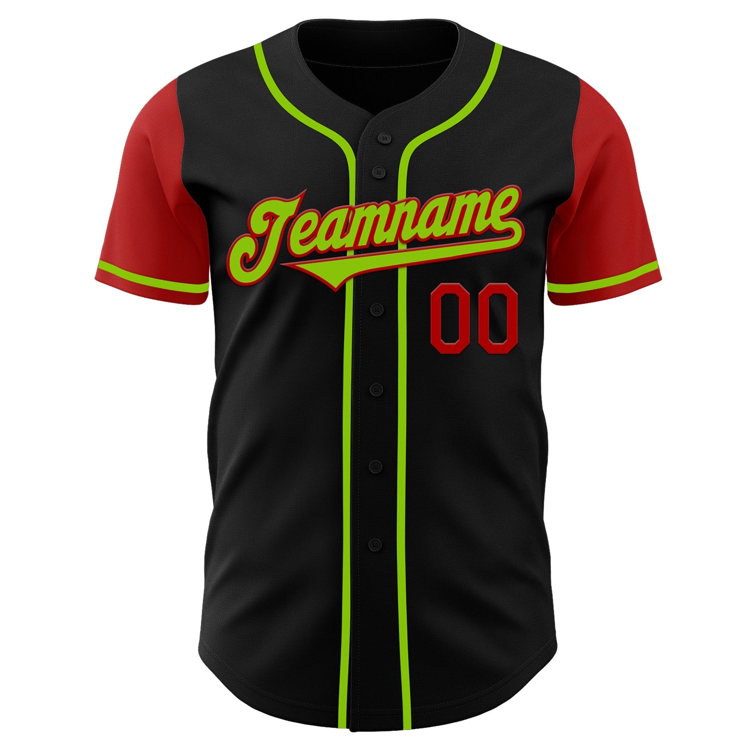 Custom Black Neon Green-Red Authentic Two Tone Baseball Jersey view 2