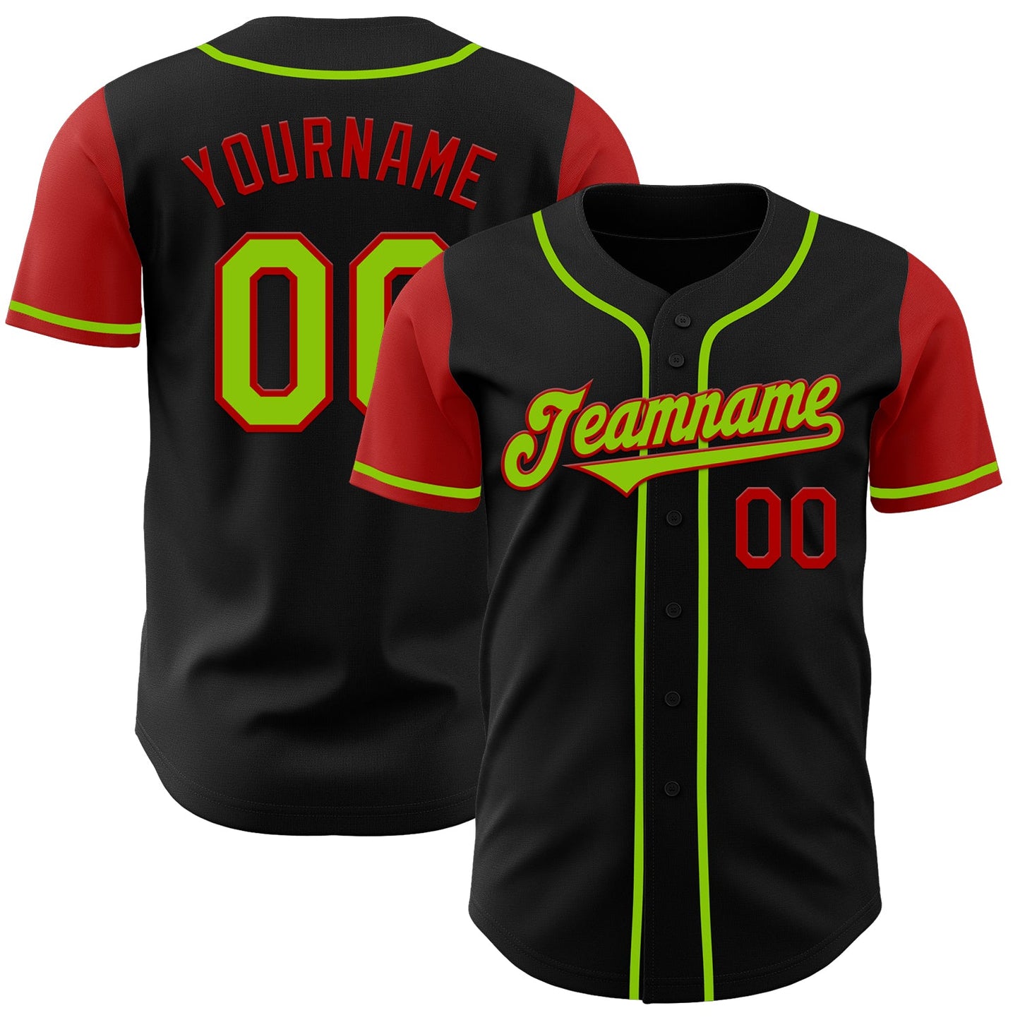Custom Black Neon Green-Red Authentic Two Tone Baseball Jersey - Main View
