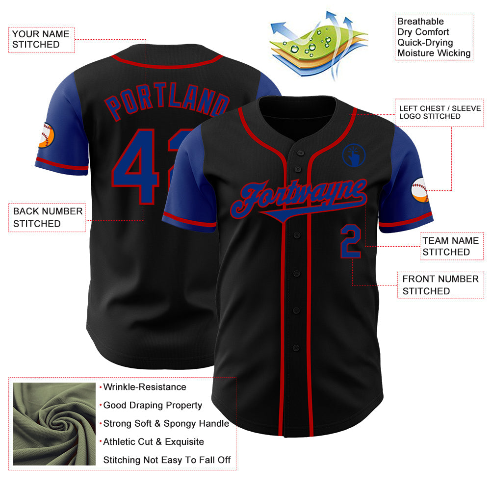 Custom Black Royal-Red Authentic Two Tone Baseball Jersey view 3
