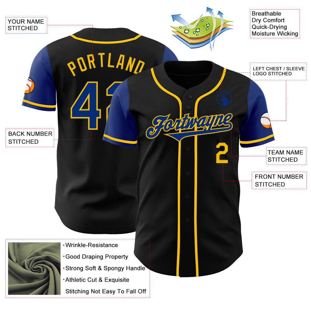 Custom Black Royal-Yellow Authentic Two Tone Baseball Jersey view 3