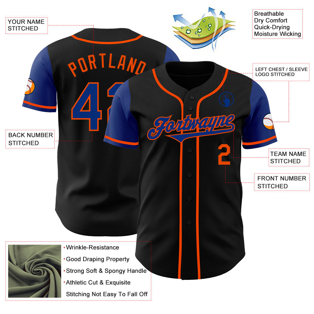 Custom Black Royal-Orange Authentic Two Tone Baseball Jersey view 3