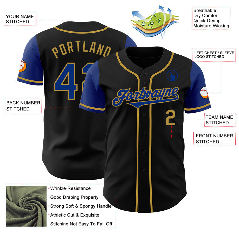 Custom Black Royal-Old Gold Authentic Two Tone Baseball Jersey view 3