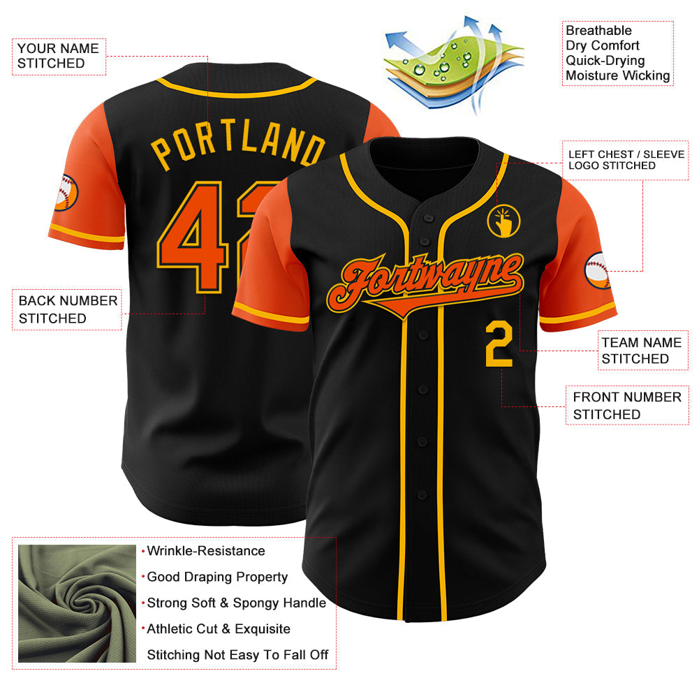 Custom Black Orange-Gold Authentic Two Tone Baseball Jersey view 3