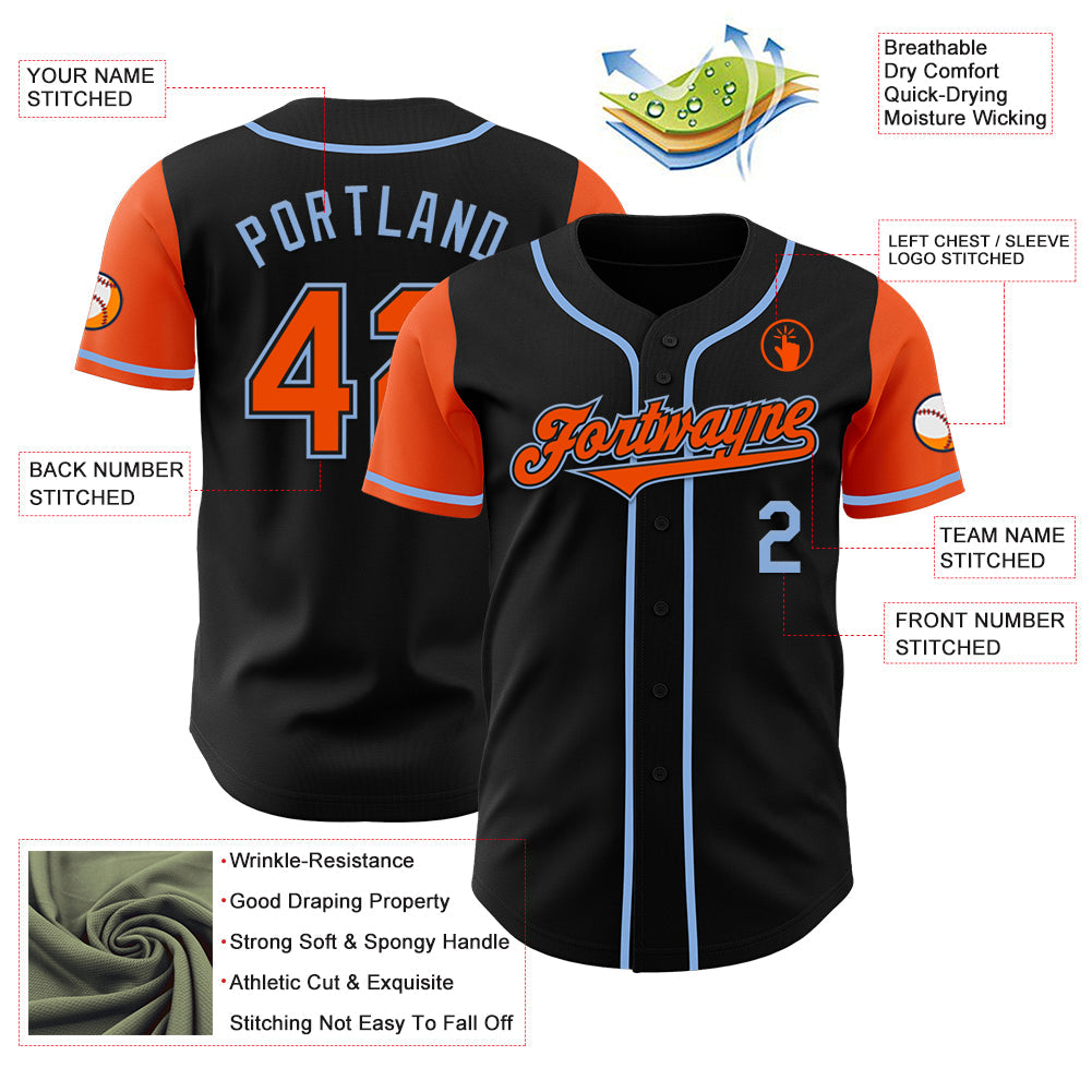 Custom Black Orange-Light Blue Authentic Two Tone Baseball Jersey view 3