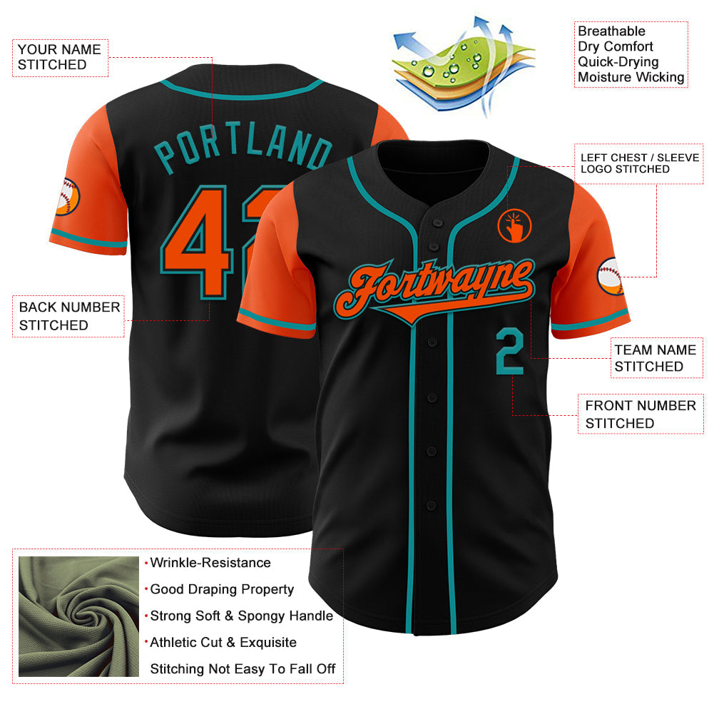 Custom Black Orange-Teal Authentic Two Tone Baseball Jersey view 3