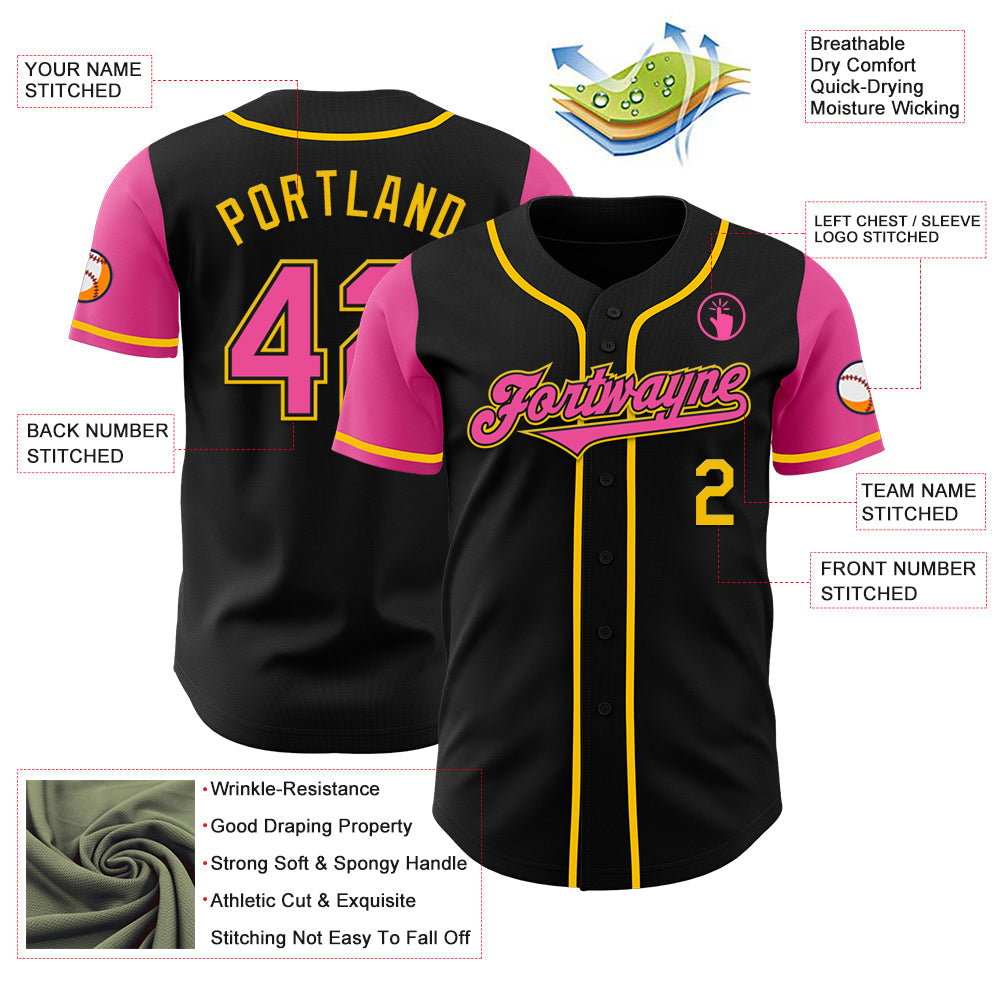 Custom Black Pink-Yellow Authentic Two Tone Baseball Jersey view 3