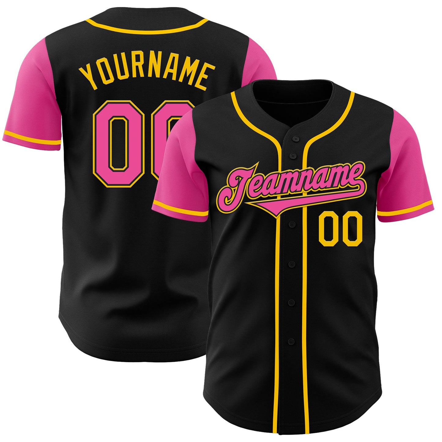 Custom Black Pink-Yellow Authentic Two Tone Baseball Jersey - Main View