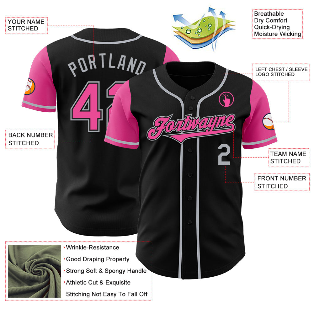Custom Black Pink-Gray Authentic Two Tone Baseball Jersey view 3