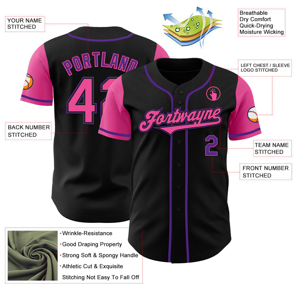 Custom Black Pink-Purple Authentic Two Tone Baseball Jersey view 3