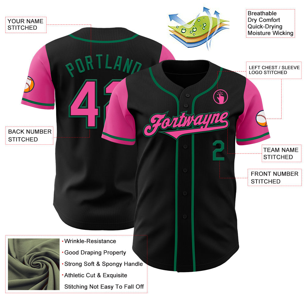 Custom Black Pink-Kelly Green Authentic Two Tone Baseball Jersey view 3