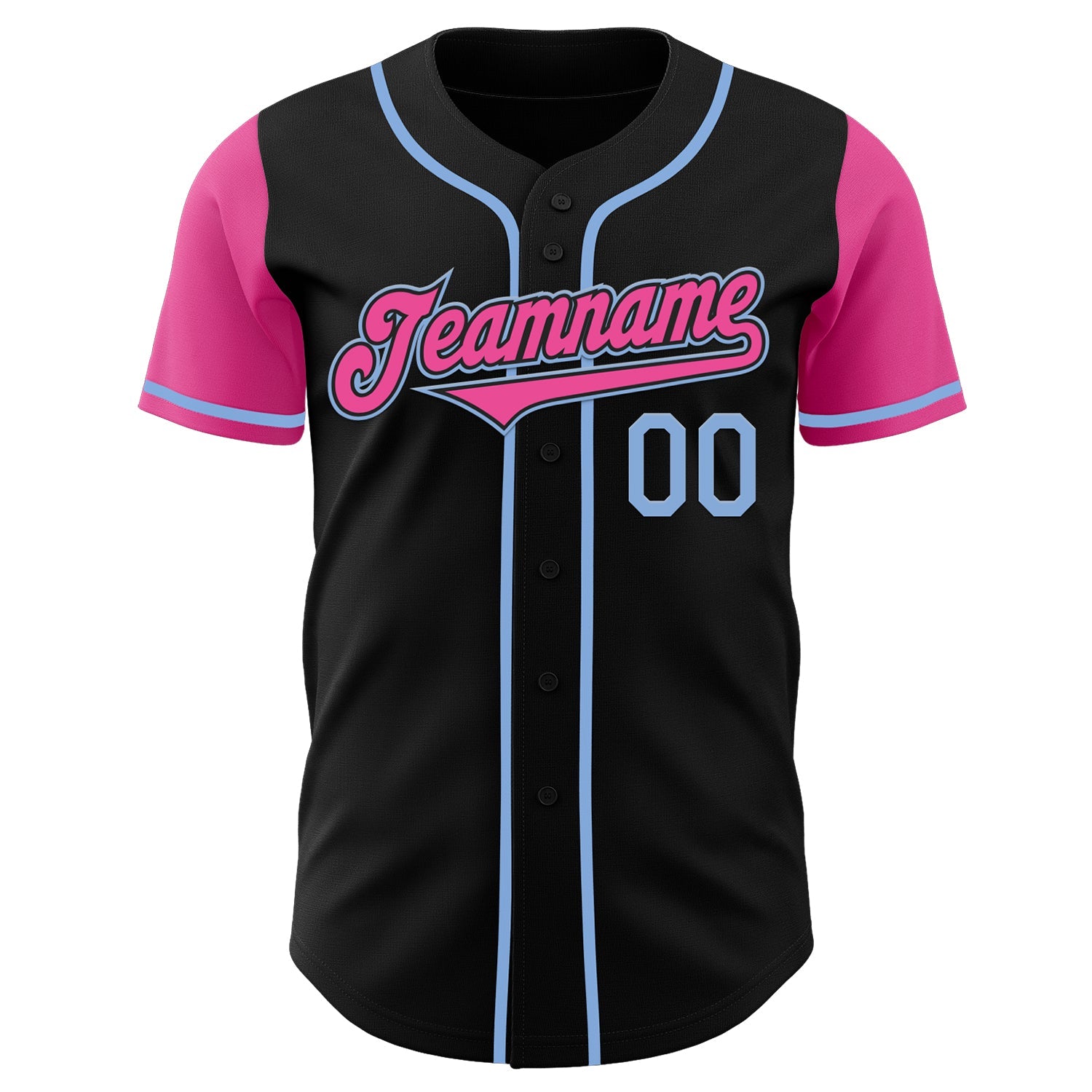 Custom Black Pink-Light Blue Authentic Two Tone Baseball Jersey view 2